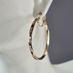 Womens 14K Yellow Gold Ruby & CZ Hoop Earrings, 4.5g E3762